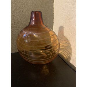 French Antique Amber Art Glass Hand Blown Vortex Swirl Vase Thick Heavy